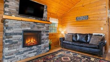 Una televisión, una chimenea, un reproductor de DVD