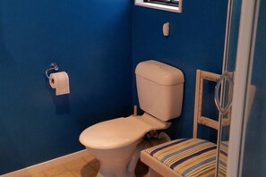 A bathroom with a toilet, a roll of toilet paper, and a striped chair.