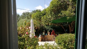 Blick durch ein Fenster auf eine Terrasse mit Tisch und Stühlen, umgeben von üppigem Grün und einem grünen Sonnenschirm.