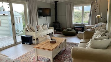 TV, fireplace, books, stereo