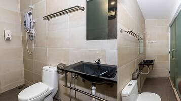 Shower, free toiletries, bidet, towels