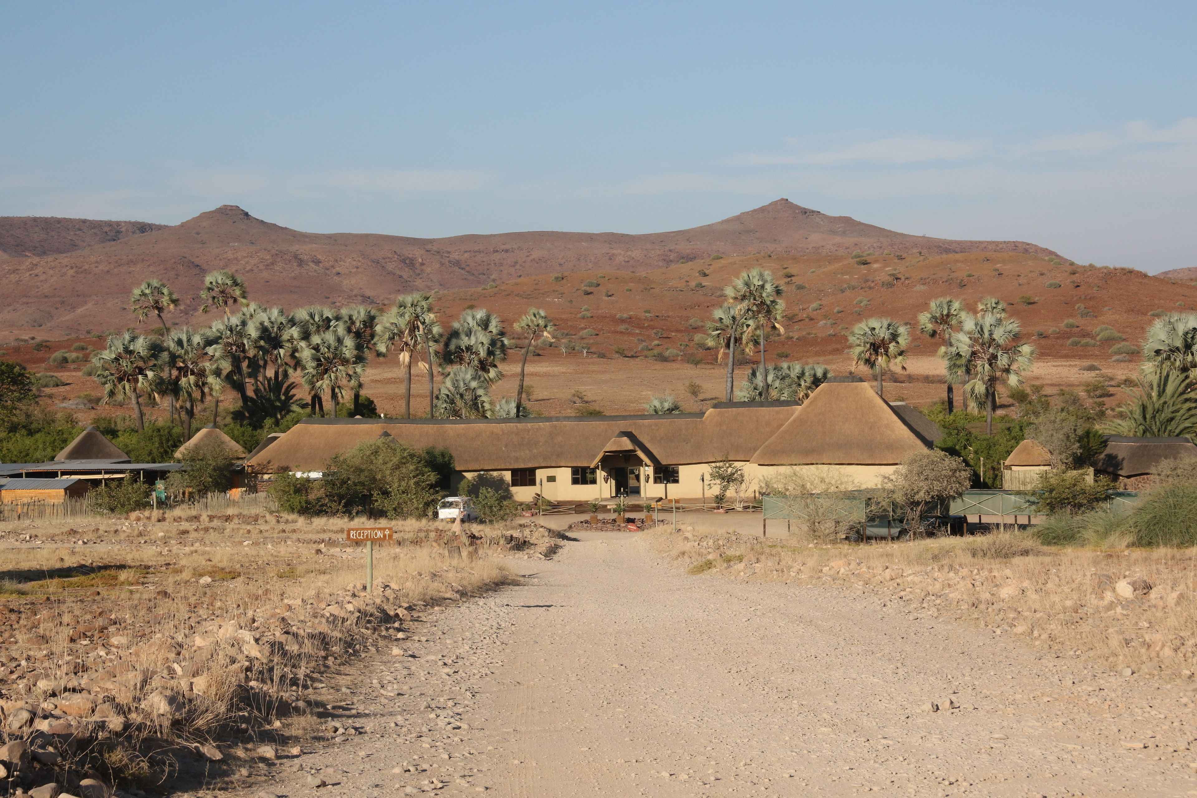A desert landscape with a dirt road leading to a row of thatched-roof buildings, likely a guesthouse or lodge, with palm trees and a mountain in the background.