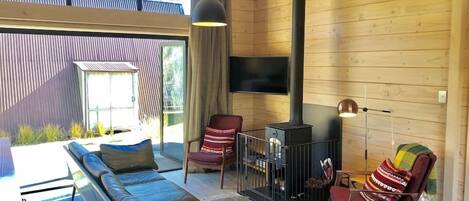 A modern interior with a sofa, chairs, a fireplace, and a television.