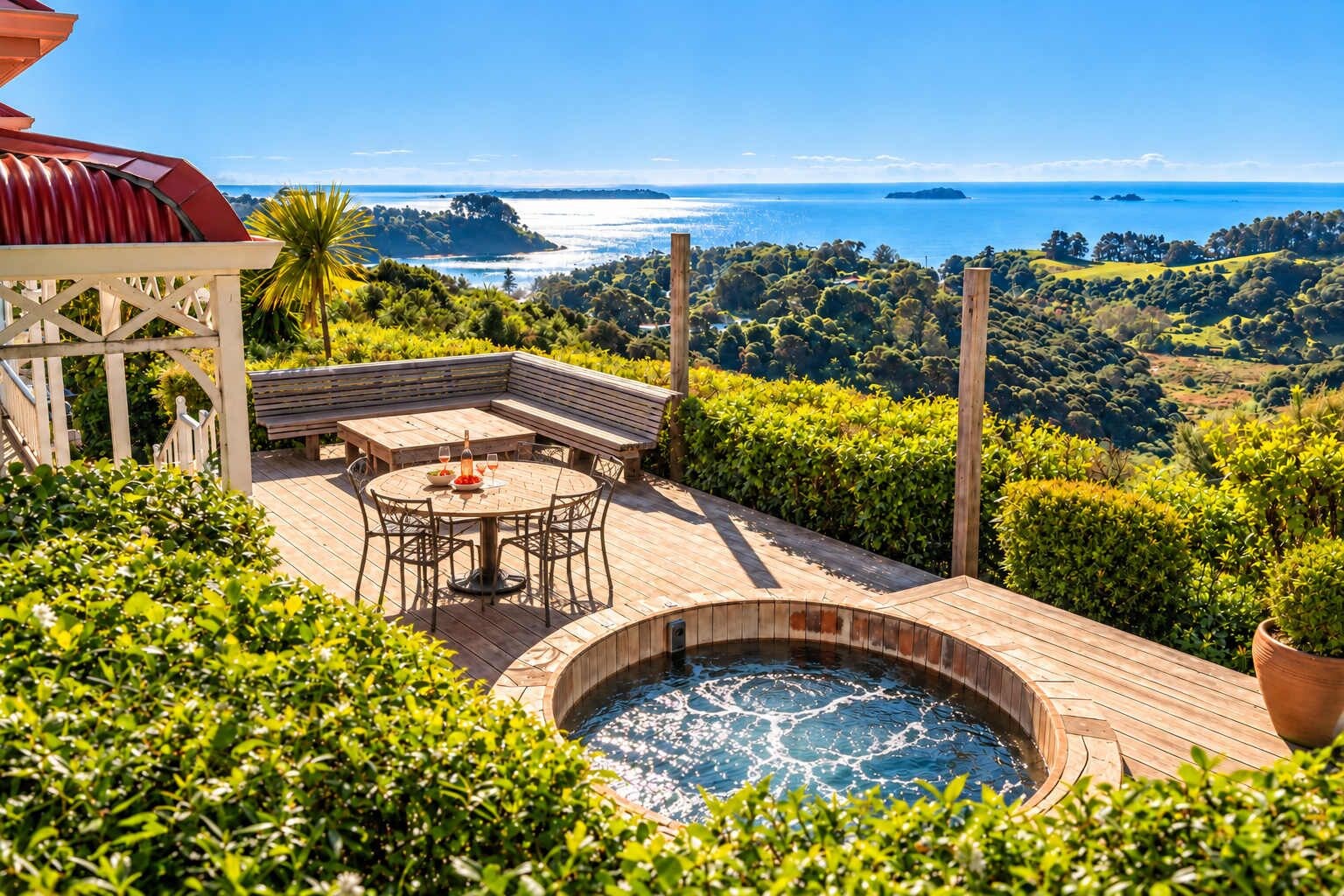 A deck with a hot tub, seating area, and a table with chairs overlooking a coastal landscape.