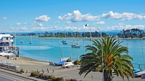 A marina with boats docked, a clear sky, and a palm tree in the foreground. - Waterfront Escape - Nelson Waterfront Apartment (Nelson City)