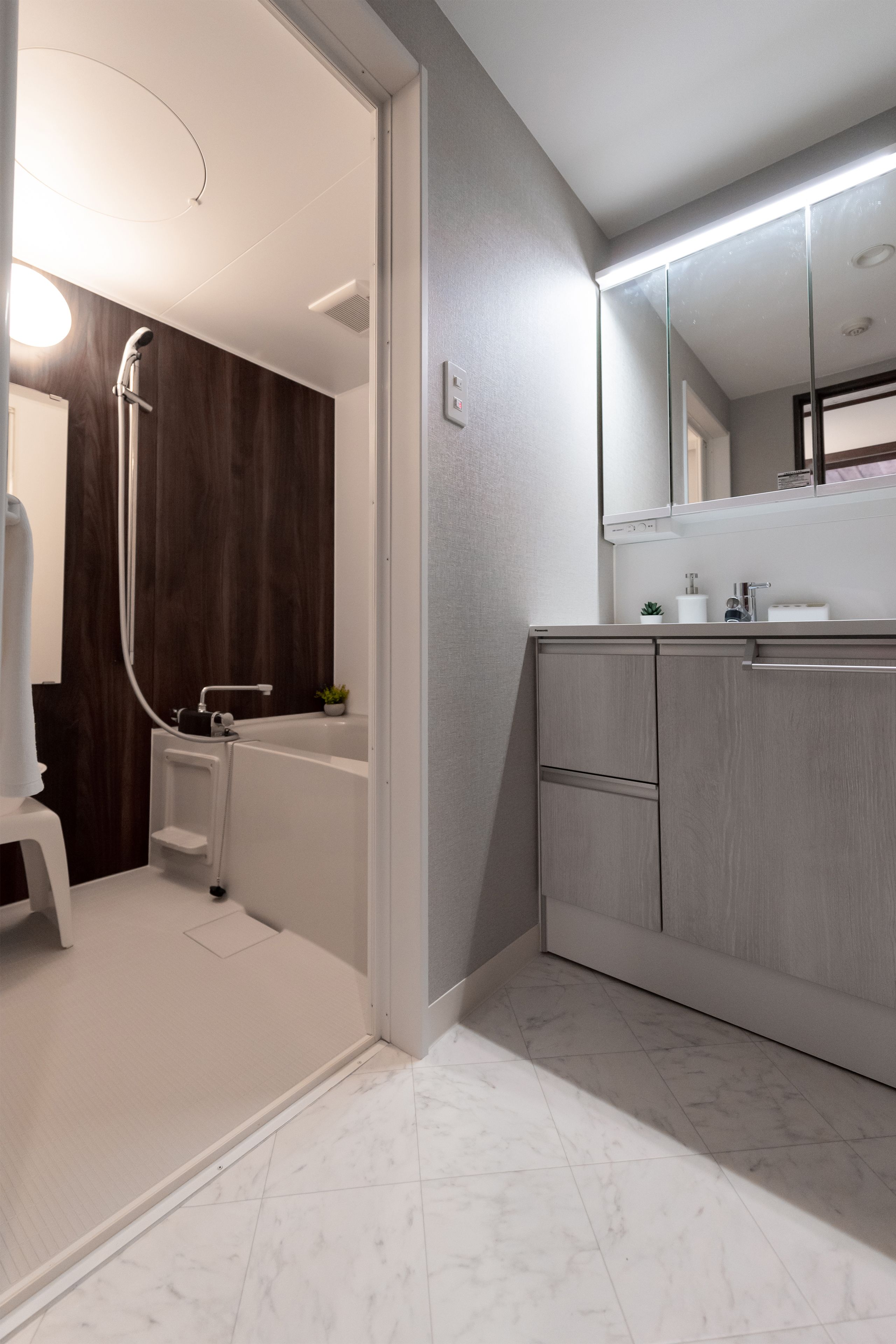 A modern bathroom with a bathtub, a shower, a vanity with a mirror, and a small plant on the counter.