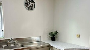 Een keuken met een spoelbak van roestvrij staal, beige kastjes, een wit aanrechtblad en een potplant.