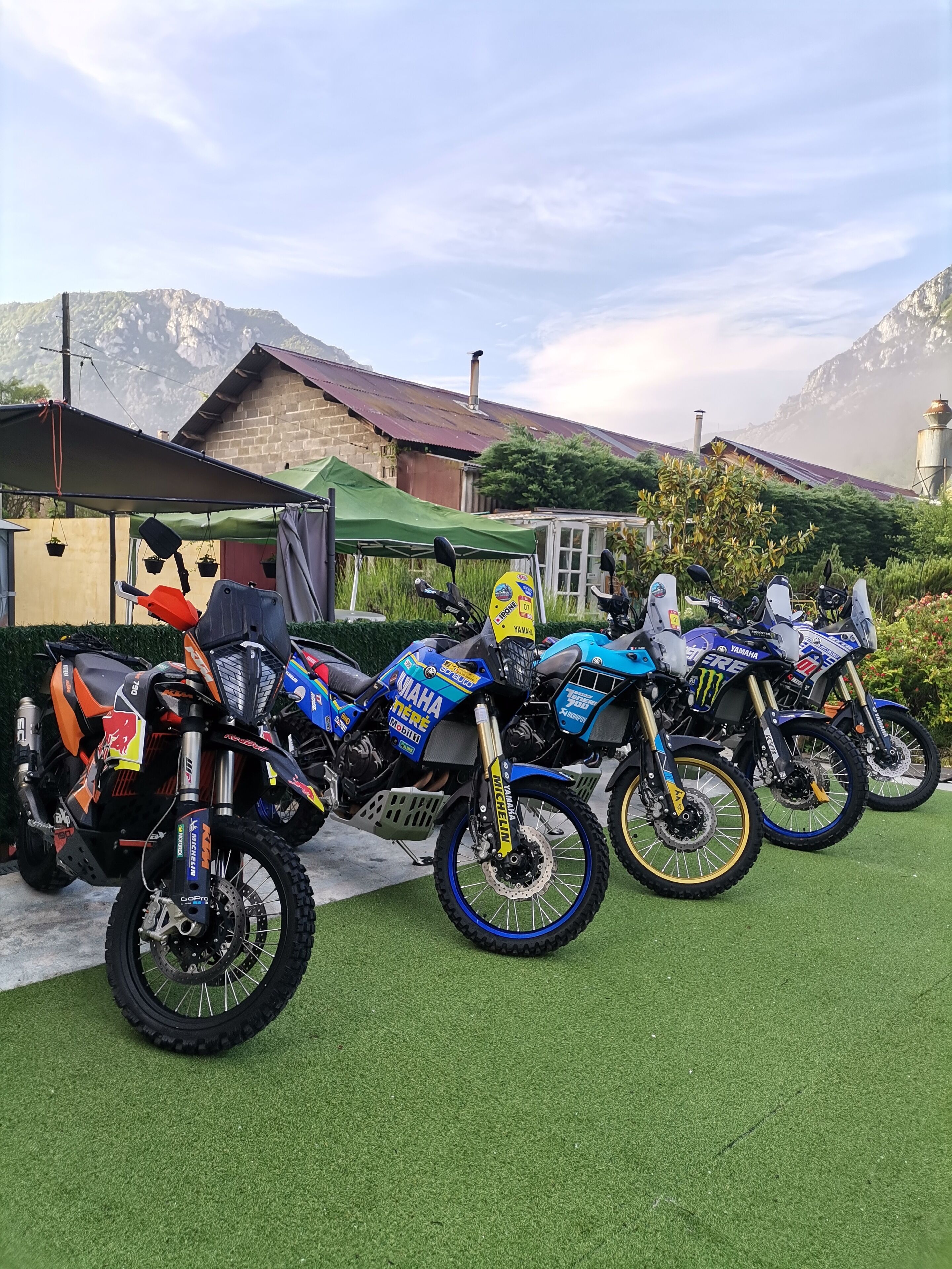 A row of dirt bikes parked on artificial grass with a mountainous backdrop.