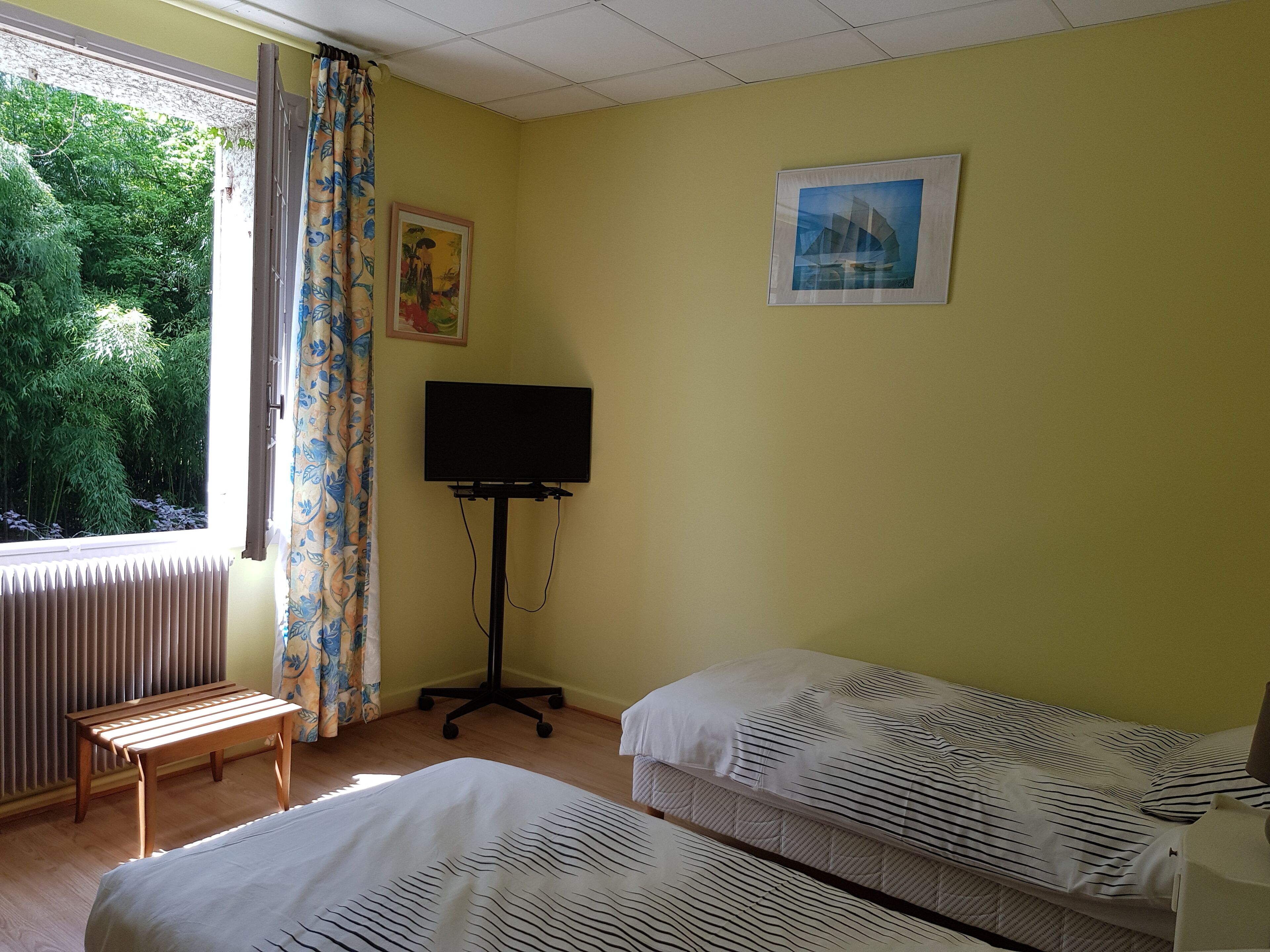 Een kamer met twee bedden, een tv op een standaard, een raam met gordijnen, een radiator en een bankje.