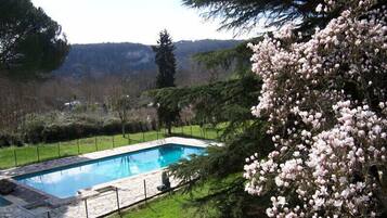 Una piscina rettangolare con bordi in pietra, circondata da un solarium in pietra e una recinzione in metallo.