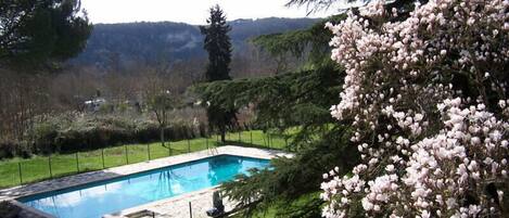 A rectangular swimming pool with stone edging, surrounded by a stone deck and a metal fence.