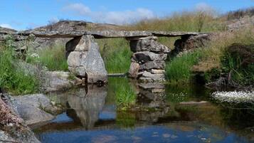 A stone bridge over a calm stream with surrounding natural landscape.