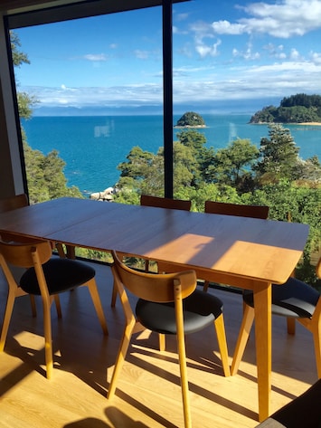 Inside dining with a view of Abel Tasman bay