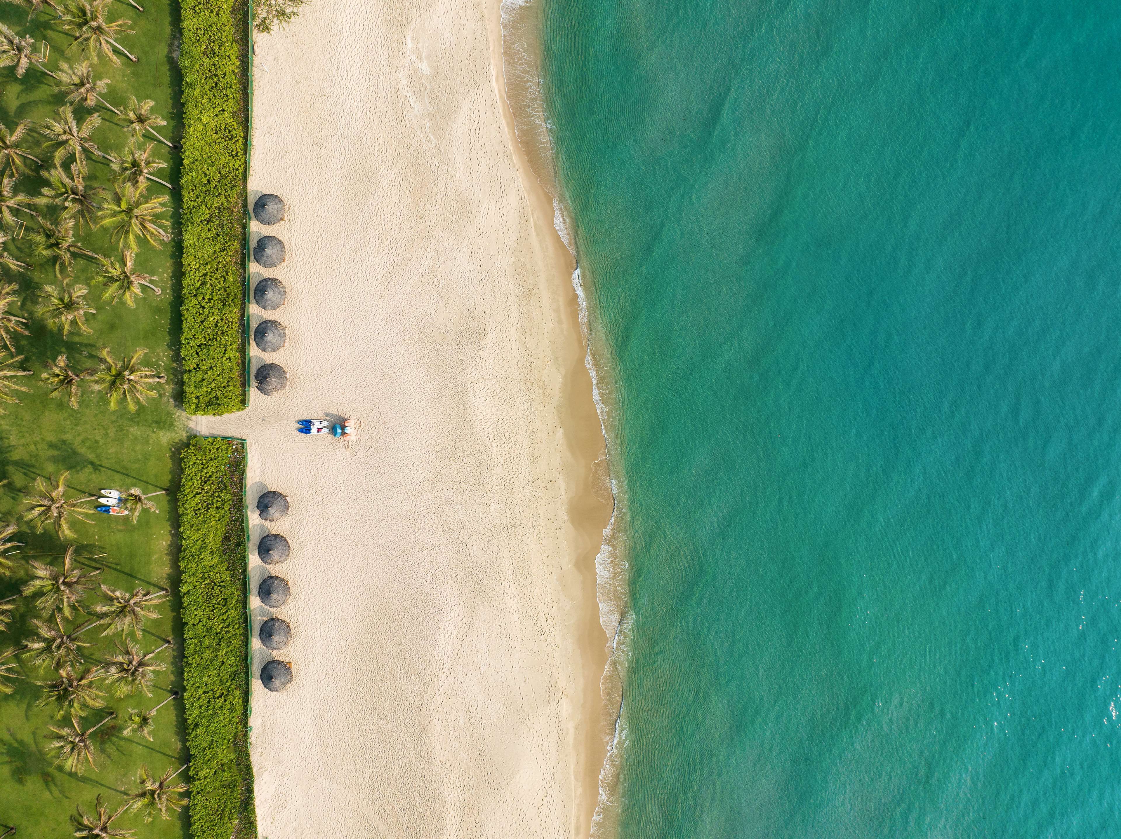 Vista aerea di una spiaggia con una fila di ombrelloni, un vialetto e palme.