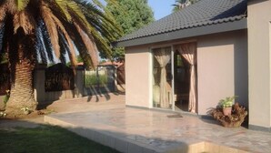 A house with a tiled patio, a palm tree, and a potted plant.