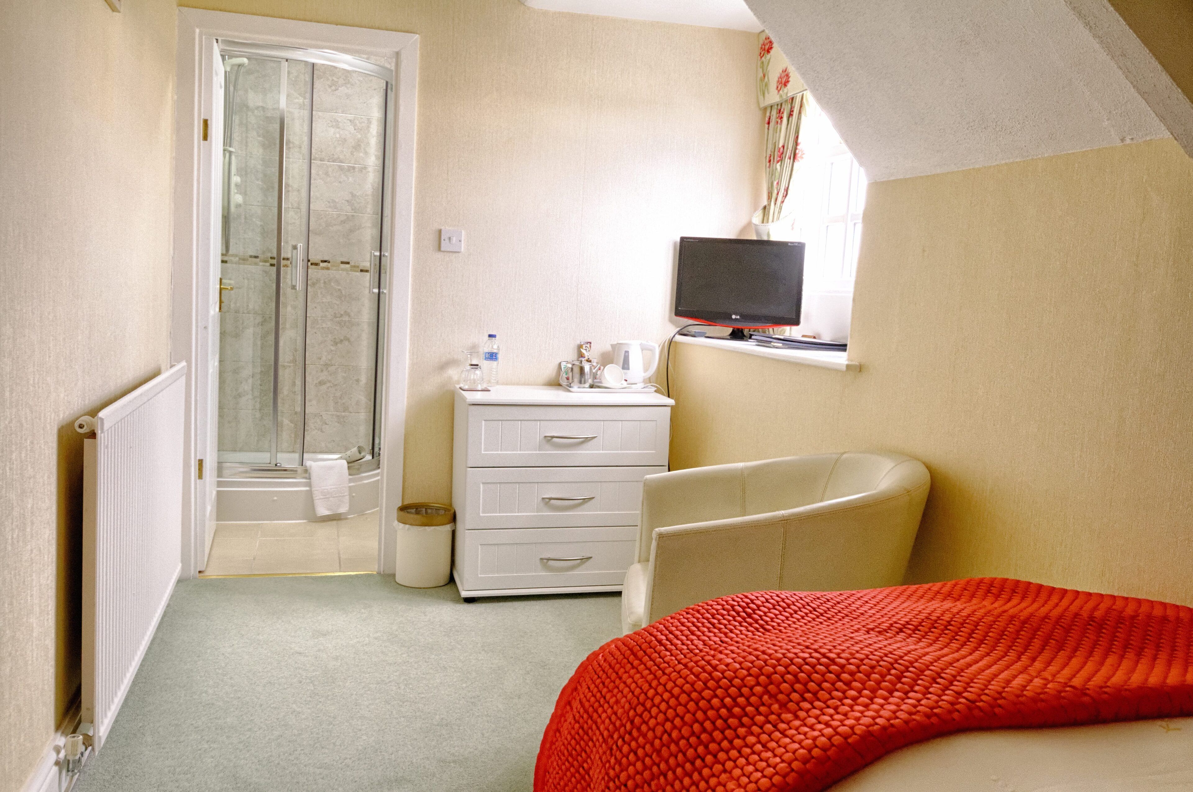 A bedroom with a shower, a white dresser, a television, and a red accent pillow.