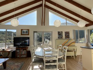 Smart TV, fireplace, DVD player, books