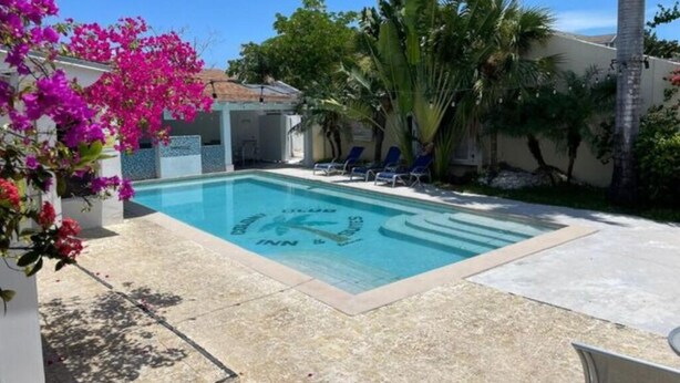 A swimming pool with lounge chairs, surrounded by palm trees and a building with a tiled roof. - Studio D - Queen Room (Chippingham)