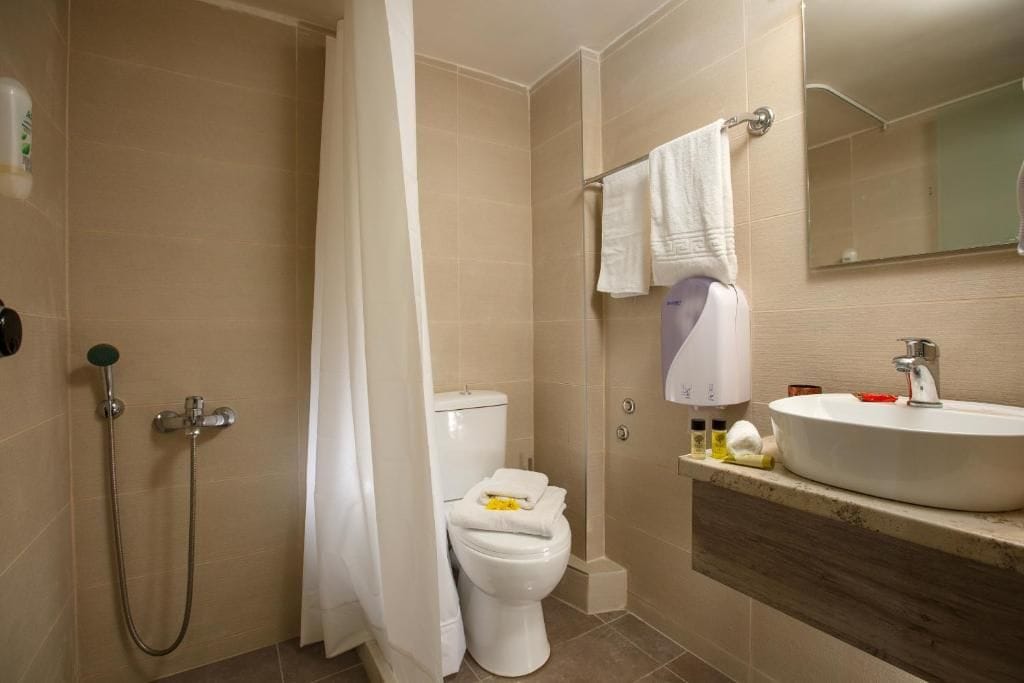 A bathroom with a shower, toilet, sink, and a mirror.
