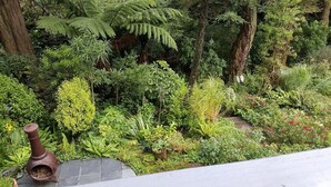 Un jardín exuberante con diversas plantas y una chimenea rústica.