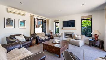 Smart TV, chimenea y libros