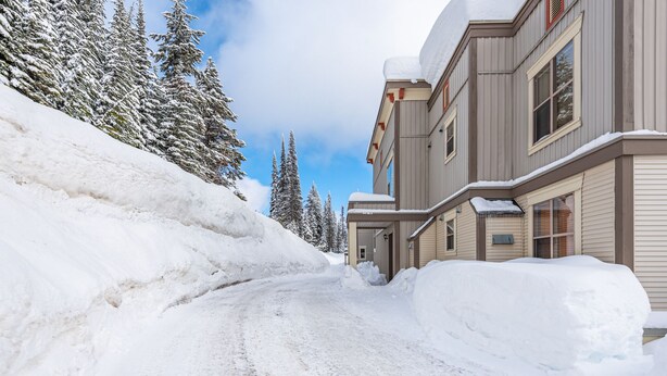 A snow-covered road leading to a building with multiple windows and a snow-covered roof.