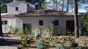 Une maison à deux étages, avec un toit en tuiles, un garage et un jardin où poussent différentes espèces de plantes.