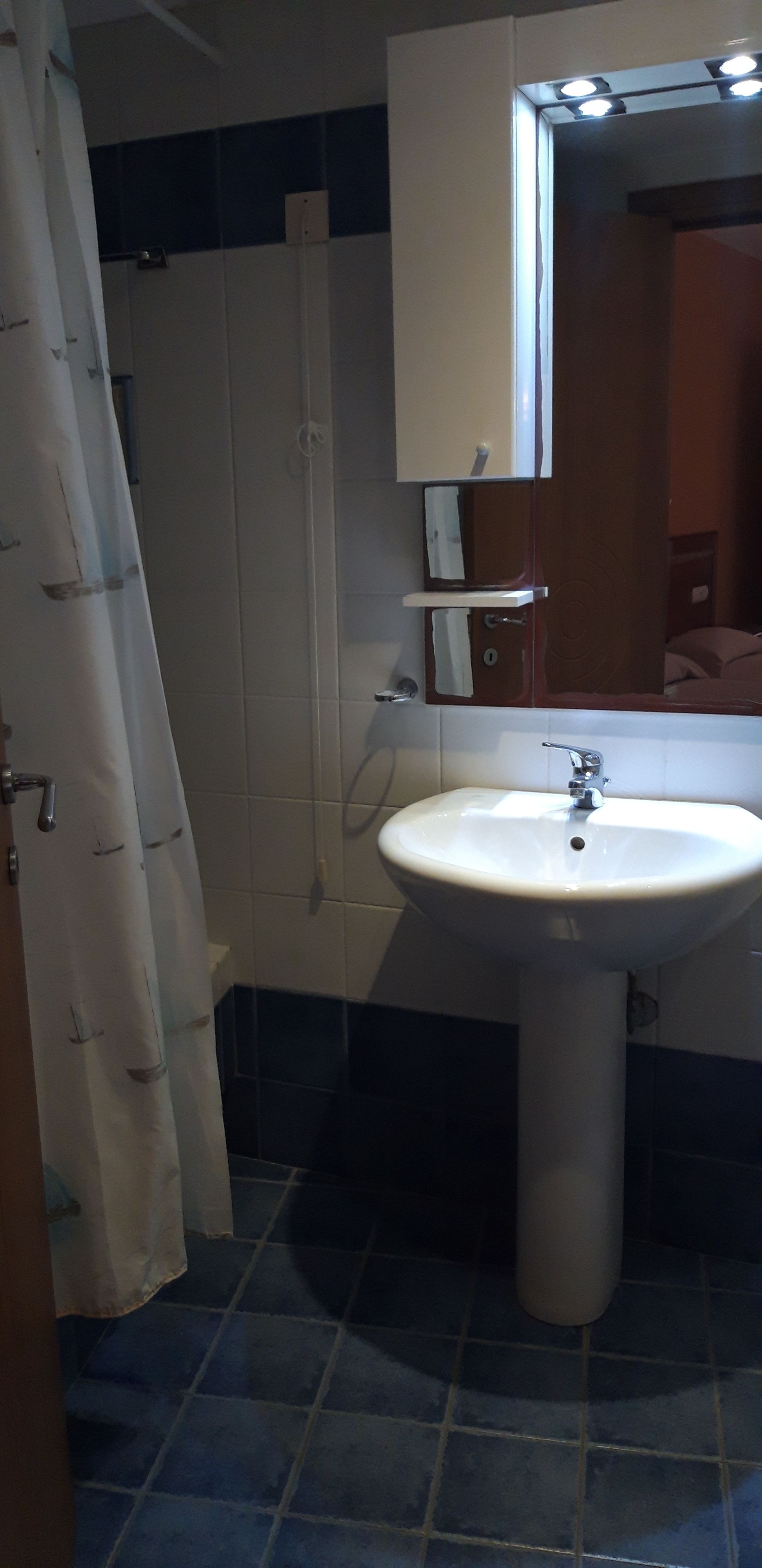 A bathroom with a white sink, a mirror, and a shower curtain.