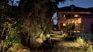 A garden pathway leading to a house with a balcony, surrounded by various plants and flowers. - Anemelia Retreat (Zakynthos)