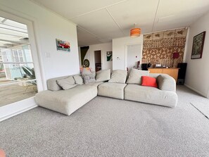 Smart TV, fireplace, DVD player, books