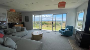 Smart TV, fireplace, DVD player, books