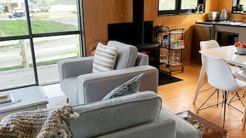 Smart TV, fireplace, books, stereo