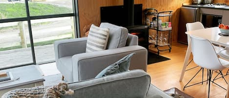 Smart TV, chimenea, libros y estéreo