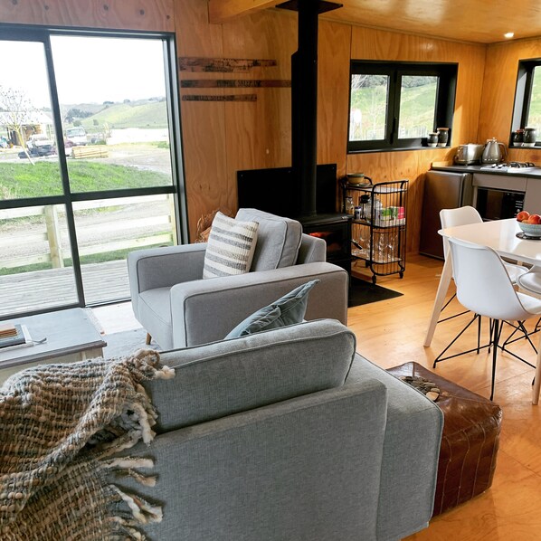 Smart TV, fireplace, books, stereo