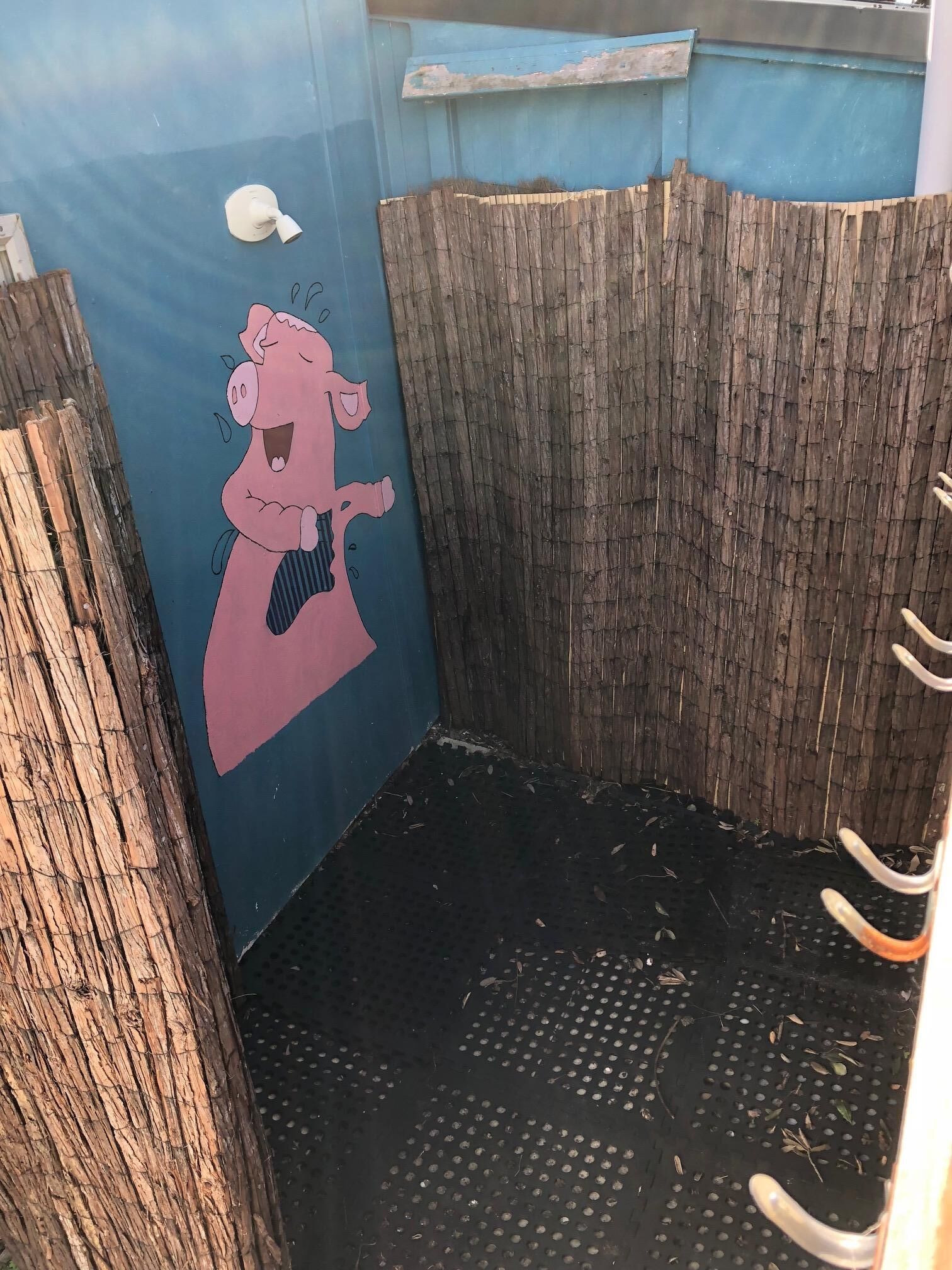 A room with a blue wall, a wooden fence, and a cartoon character.