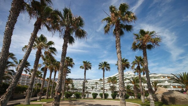 Un resort con palmeras, piscina y un edificio grande con varios balcones.