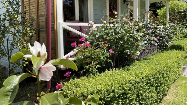 A house with a porch, a garden with various plants and flowers, and a clear sky.