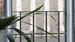 Una ventana con vistas a columnas clásicas, barandilla de balcón y plantas en macetas.