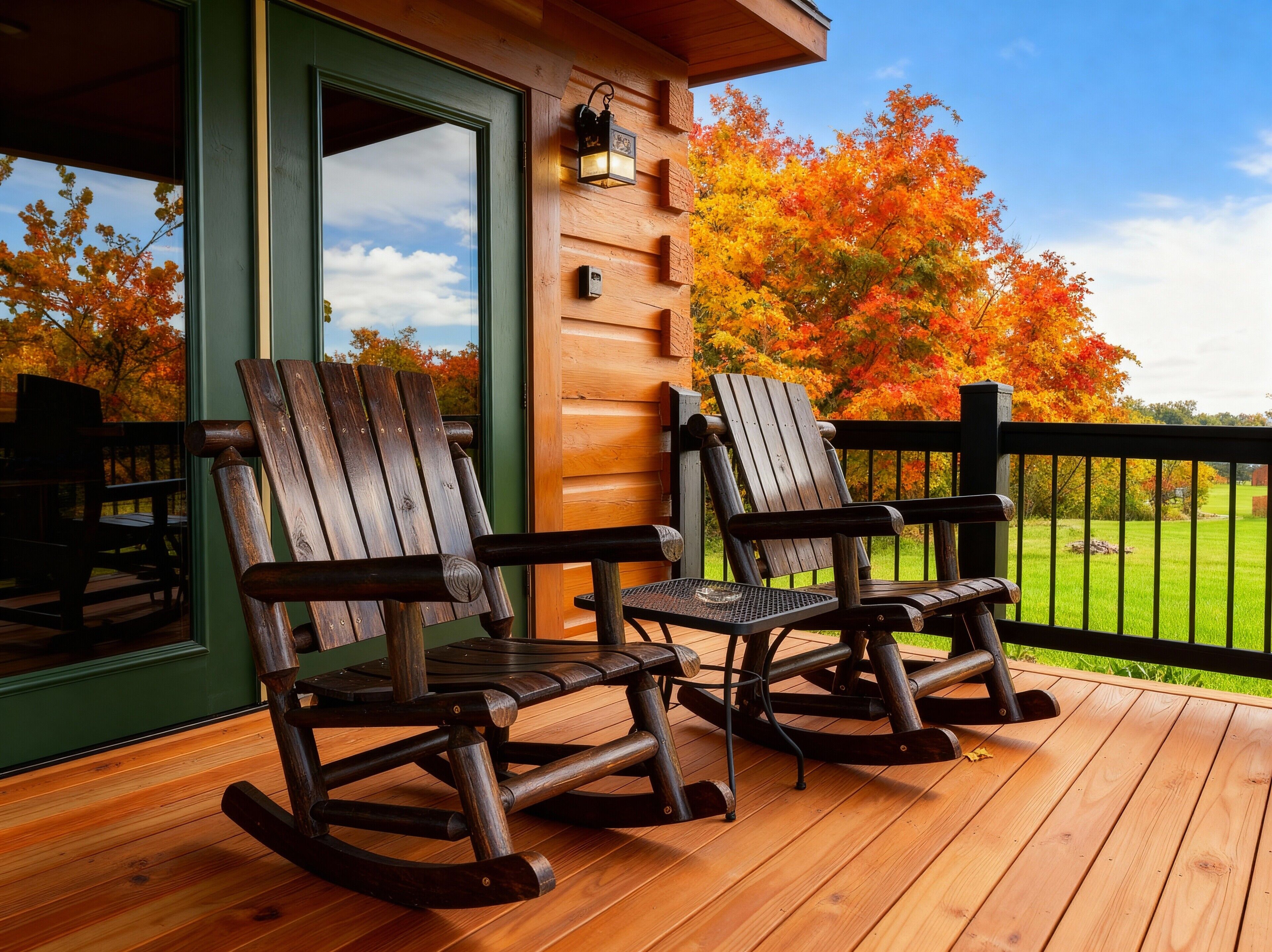Two rocking chairs on a wooden deck with a view of autumn foliage.