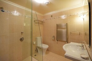 Shower, hair dryer, towels, toilet paper