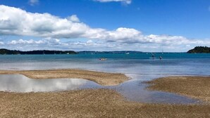 A beach with clear water, pebbles, and distant boats.