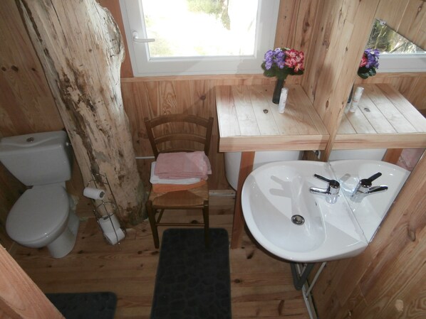 Une salle de bain rustique, aménagée dans une cabane en bois, comprenant des toilettes, une chaise avec une serviette, un lavabo et une fenêtre décorée de fleurs.