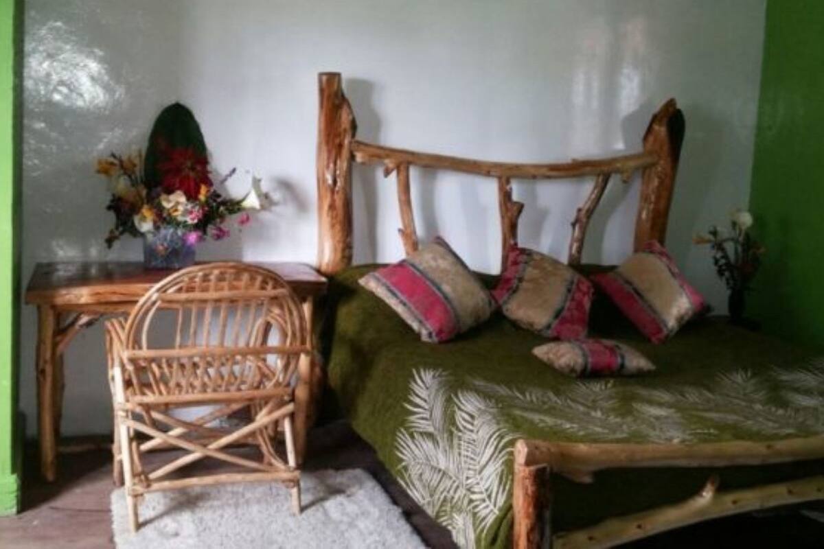 Ein Zimmer mit einer grünen Tür, einem hölzernen Bett mit Kissen, einem Korbstuhl und einem Blumenstrauß.