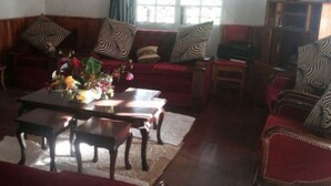 Un salon avec une cheminée, un ensemble de canapés, une table basse agrémentée d’un arrangement floral et un téléviseur.