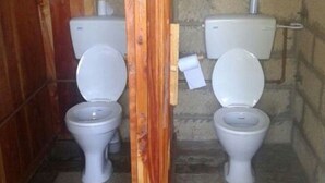 Une petite salle de bain avec un cadre en bois, équipée de deux toilettes et d’un distributeur de papier toilette visible.