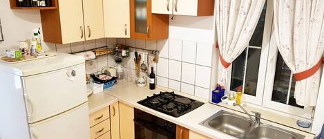 Fridge, oven, stovetop, electric kettle