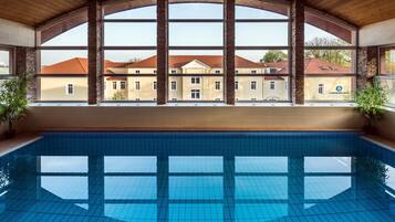 Indoor pool, open 9:00 AM to 9:00 PM, sun loungers