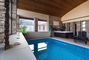 Indoor pool, open 9:00 AM to 9:00 PM, sun loungers