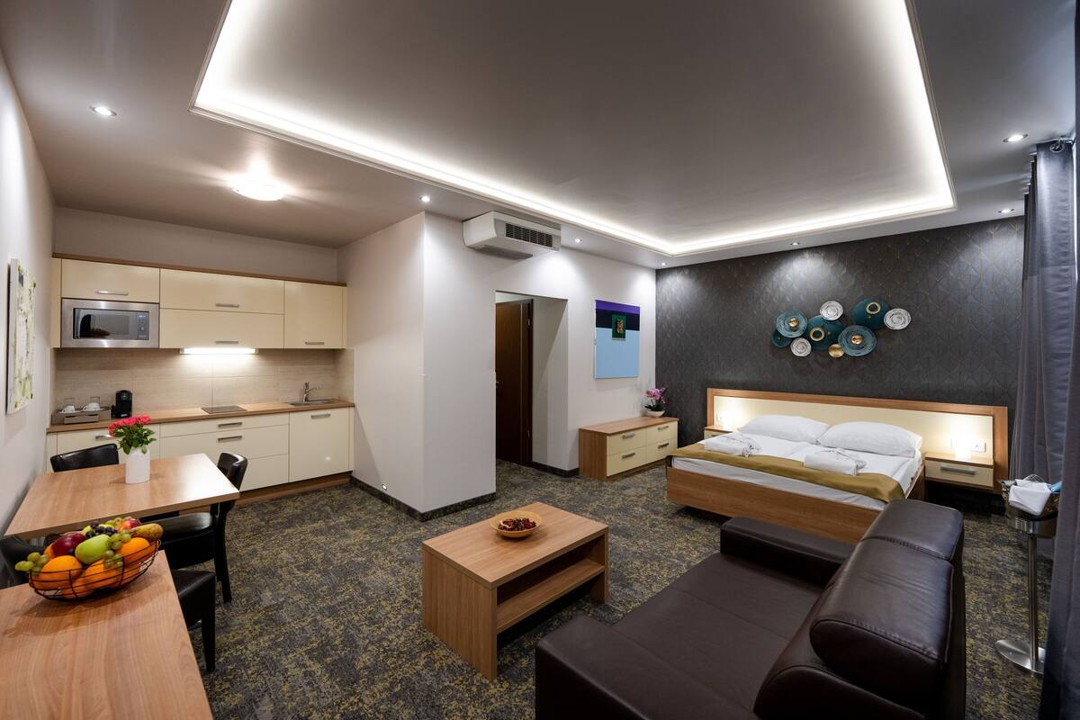 Une chambre d’hôtel moderne équipée d’une kitchenette, d’un lit, d’un coin salon et d’une petite salle de bain.