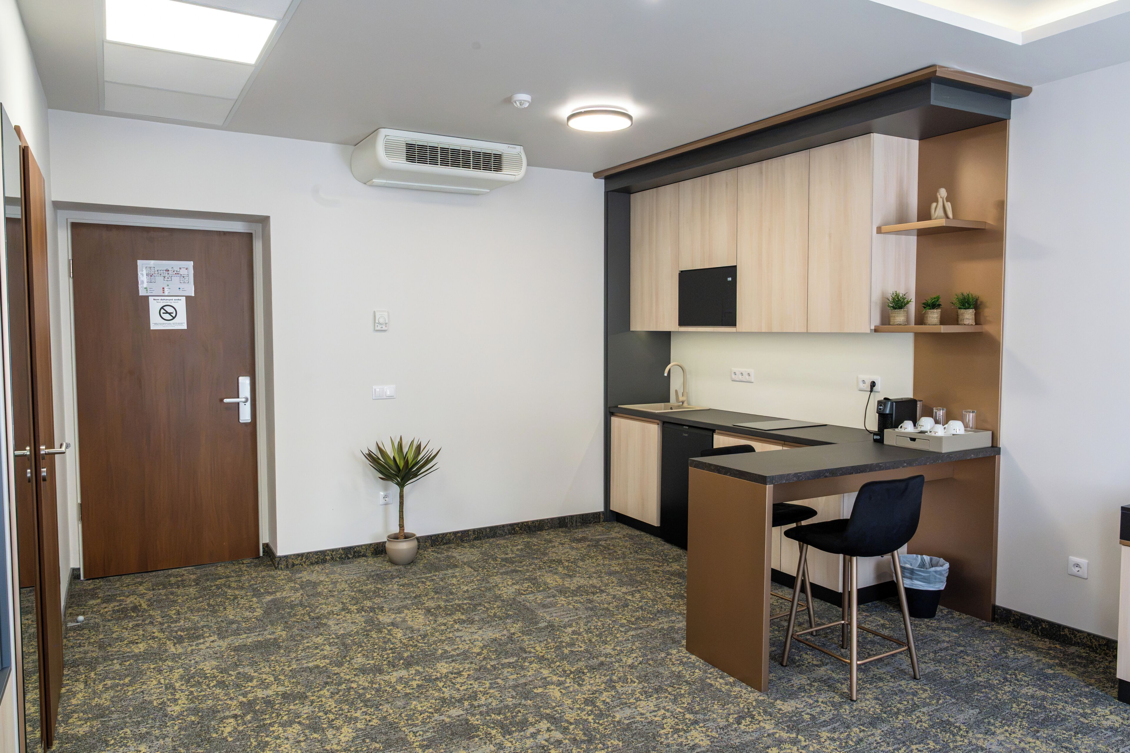 A compact kitchen with a countertop, a sink, and a chair. There is a potted plant and a door with a sign.